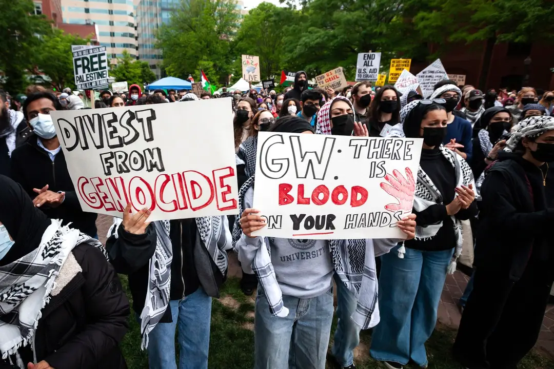 PHOTO: Thousands of people rally at an encampment for Palestine set up by George Washington University students in conjunction with other DC-area universities, in Washington, D.C., on April 25, 2024. 
