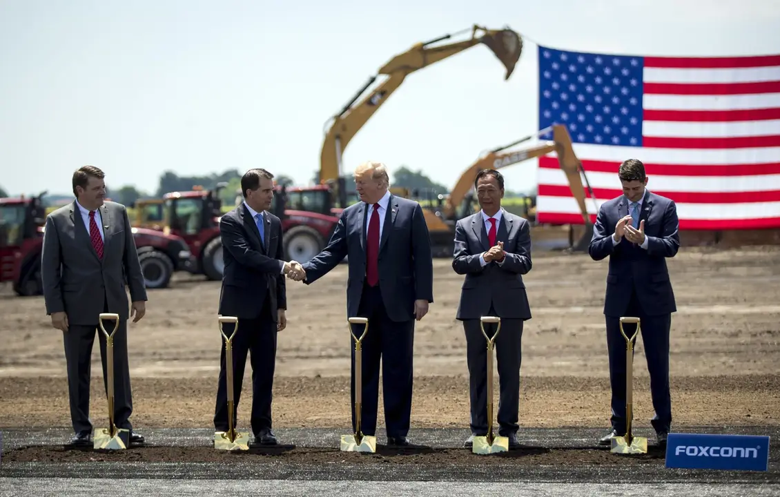 PHOTO: In this June 28, 2018 file photo, (L-R) Christopher Tank Murdock, Wisconsin Gov. Scott Walker, President Donald Trump, Foxconn Chair Terry Gou and House Speaker Paul Ryan appear at a groundbreaking for the Foxconn plant in Mount Pleasant, Wis.